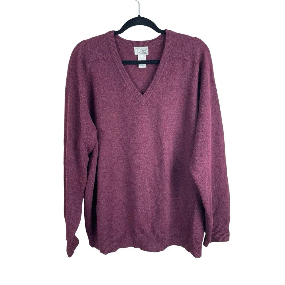 LL Bean Sweater Mens Large Burgandy 100% Lambs Wool V Neck Pullover Outdoor‎